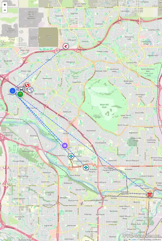 Daily accessibility map for 170 SCANLON HL NW, Calgary showing nearby schools, grocery stores, parks, LRT stations and nearby amenities