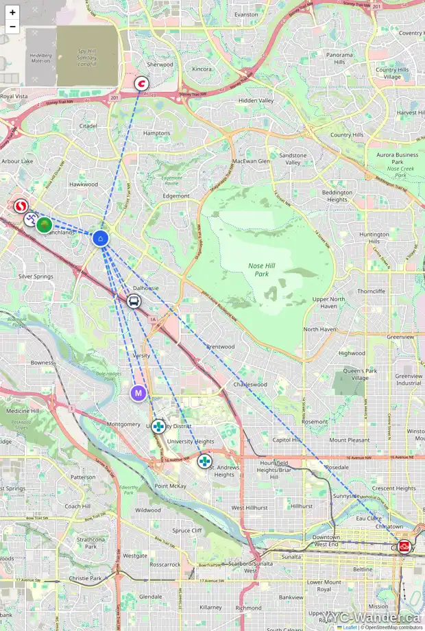 Daily accessibility map for 128 RANCH ESTATES DR NW, Calgary showing nearby schools, grocery stores, parks, LRT stations and nearby amenities