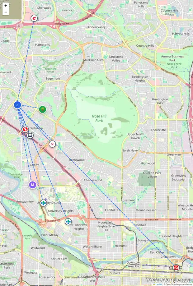 Daily accessibility map for 20 DALCASTLE PL NW, Calgary showing nearby schools, grocery stores, parks, LRT stations and nearby amenities