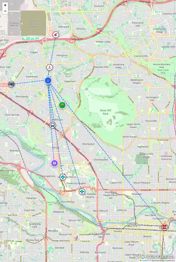 Daily accessibility map for 151 HAWKHILL WY NW, Calgary showing nearby schools, grocery stores, parks, LRT stations and nearby amenities