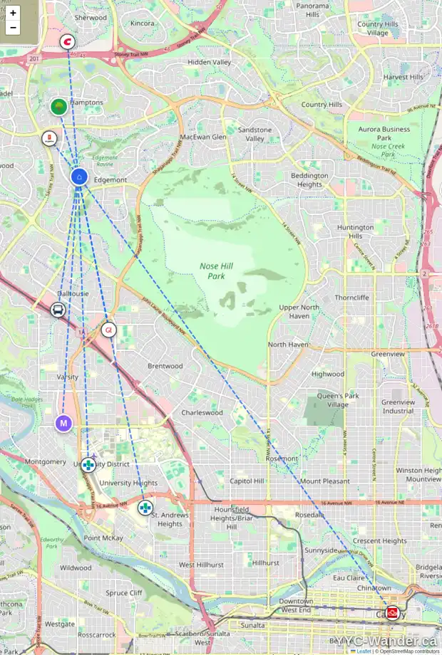 Daily accessibility map for 115 EDGEVIEW DR NW, Calgary showing nearby schools, grocery stores, parks, LRT stations and nearby amenities