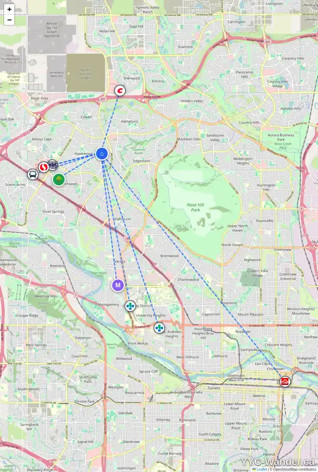 Daily accessibility map for 76 HAWKFORD CR NW, Calgary showing nearby schools, grocery stores, parks, LRT stations and nearby amenities