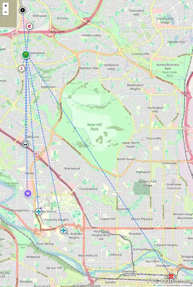 Daily accessibility map for 537 HAMPTONS ME NW, Calgary showing nearby schools, grocery stores, parks, LRT stations and nearby amenities