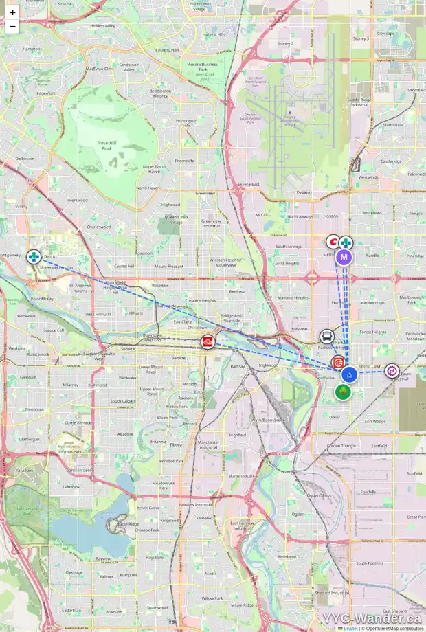Daily accessibility map for 2020 35 ST SE, Calgary showing nearby schools, grocery stores, parks, LRT stations and nearby amenities