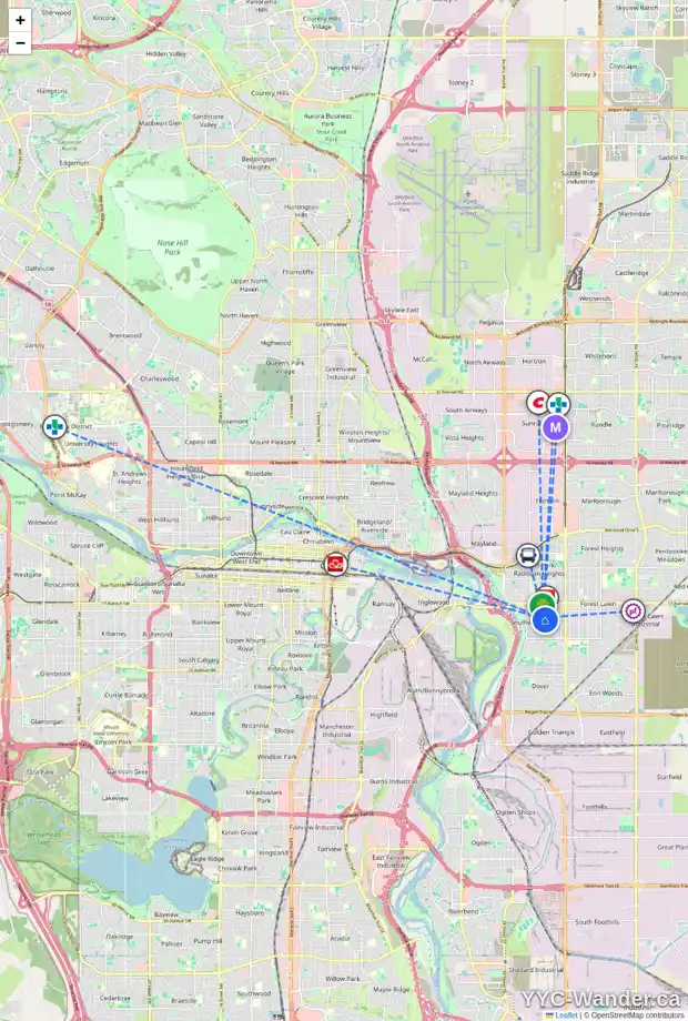 Daily accessibility map for 2017 COTTONWOOD CR SE, Calgary showing nearby schools, grocery stores, parks, LRT stations and nearby amenities