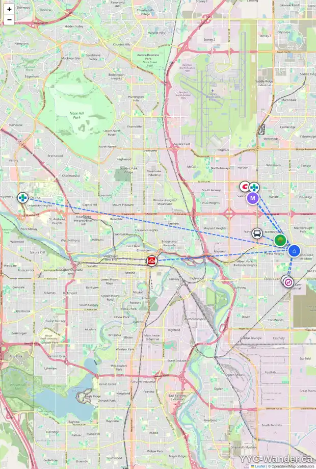 Daily accessibility map for 327 FOREST WY SE, Calgary showing nearby schools, grocery stores, parks, LRT stations and nearby amenities