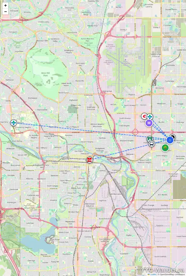 Daily accessibility map for 64 MARCOMBE PL NE, Calgary showing nearby schools, grocery stores, parks, LRT stations and nearby amenities