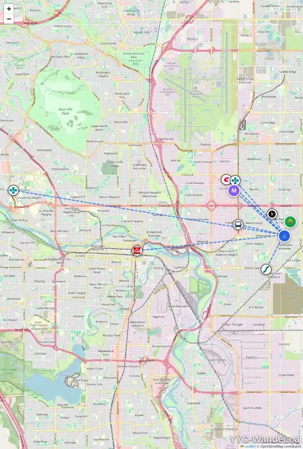 Daily accessibility map for 5912 MEMORIAL DR NE, Calgary showing nearby schools, grocery stores, parks, LRT stations and nearby amenities