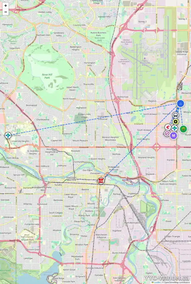 Daily accessibility map for 72 WHITEHAVEN RD NE, Calgary showing nearby schools, grocery stores, parks, LRT stations and nearby amenities