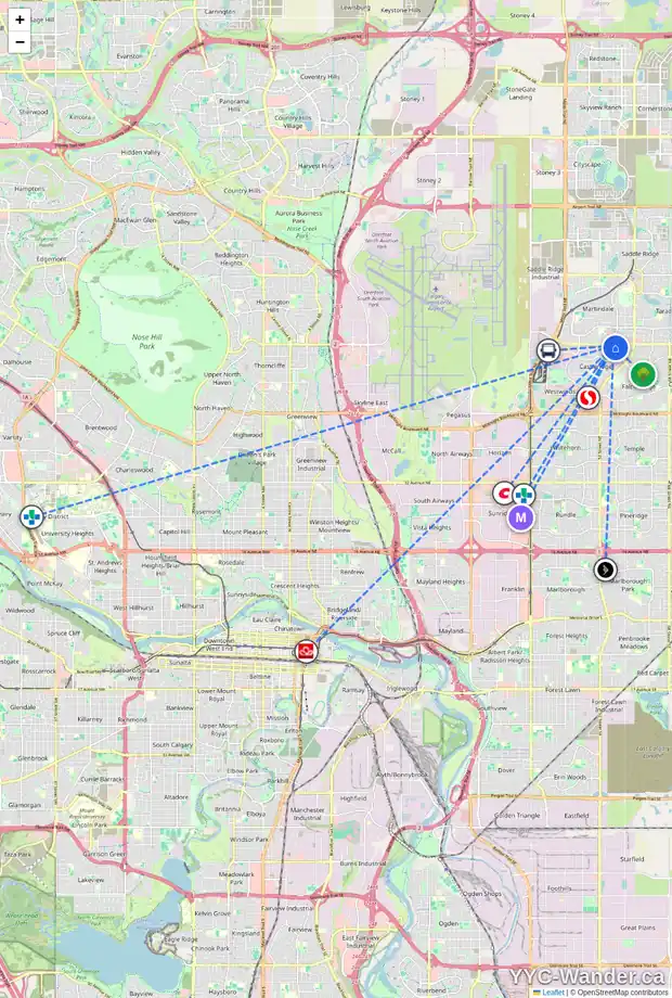 Daily accessibility map for 95 CASTLERIDGE CL NE, Calgary showing nearby schools, grocery stores, parks, LRT stations and nearby amenities