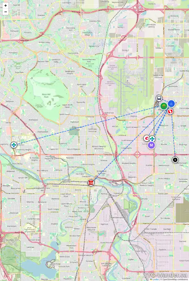 Daily accessibility map for 15 CASTLEGROVE RD NE, Calgary showing nearby schools, grocery stores, parks, LRT stations and nearby amenities
