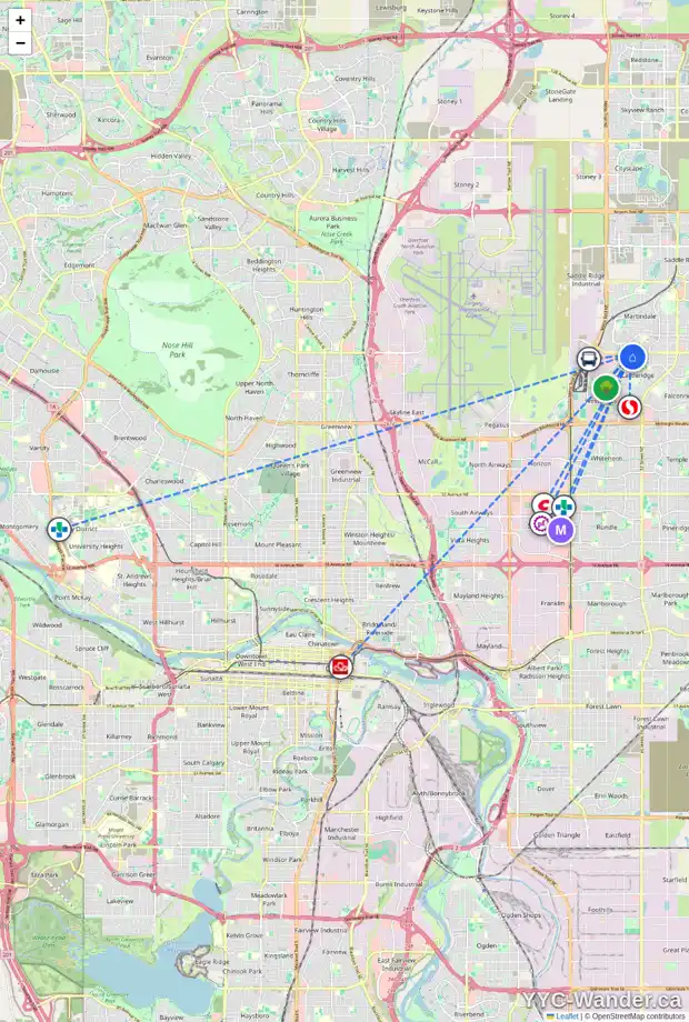 Daily accessibility map for 112 CASTLEDALE CR NE, Calgary showing nearby schools, grocery stores, parks, LRT stations and nearby amenities