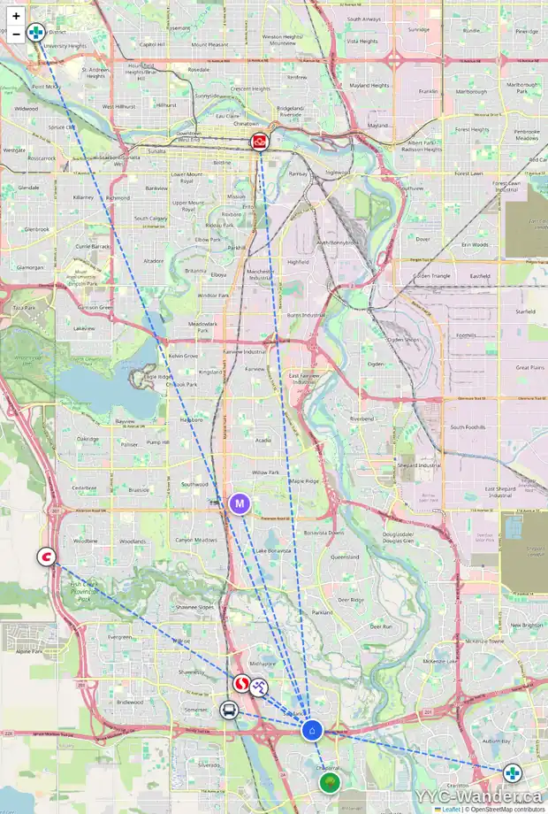 Daily accessibility map for 42 SUNVISTA CR SE, Calgary showing nearby schools, grocery stores, parks, LRT stations and nearby amenities