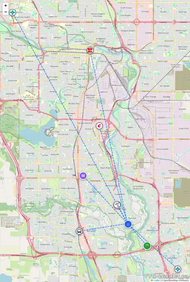 Daily accessibility map for 304 DEER RUN CR SE, Calgary showing nearby schools, grocery stores, parks, LRT stations and nearby amenities