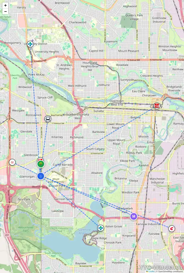 Daily accessibility map for 32 GREENWOOD CR SW, Calgary showing nearby schools, grocery stores, parks, LRT stations and nearby amenities