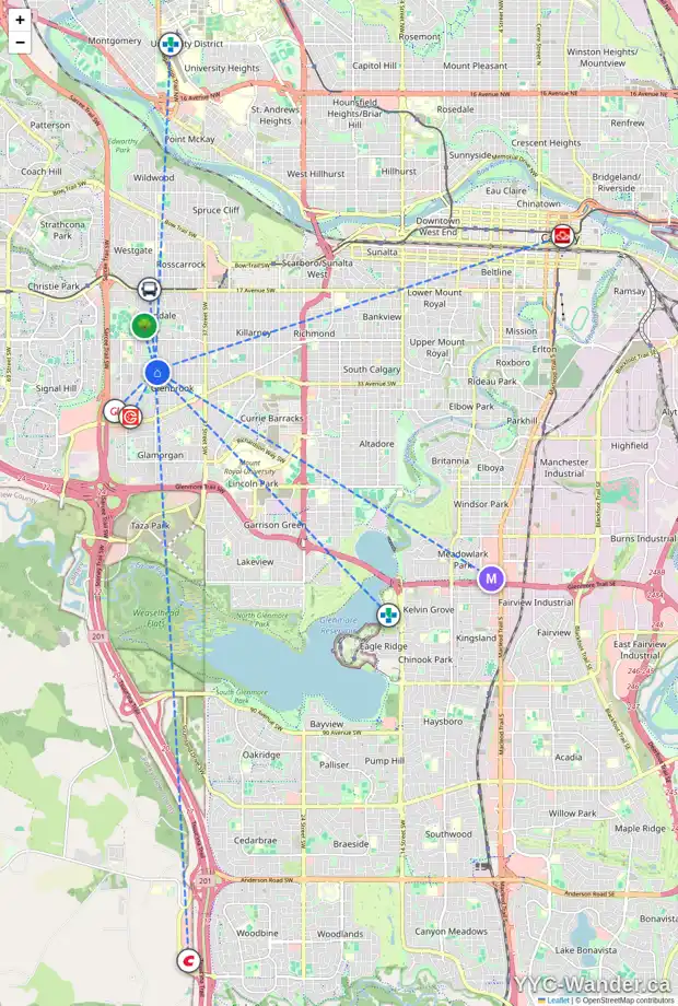 Daily accessibility map for 3127 45 ST SW, Calgary showing nearby schools, grocery stores, parks, LRT stations and nearby amenities