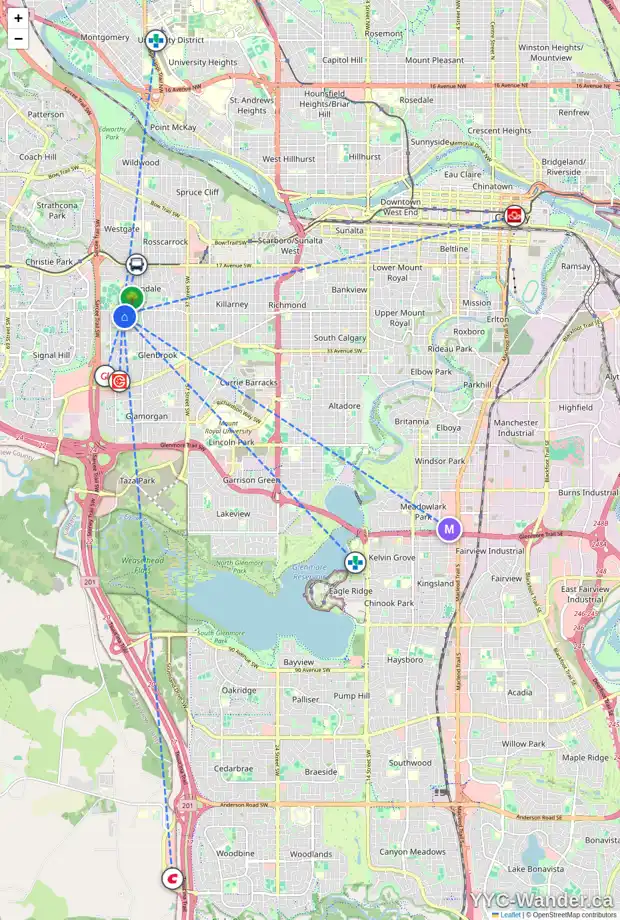 Daily accessibility map for 2715 49 ST SW, Calgary showing nearby schools, grocery stores, parks, LRT stations and nearby amenities