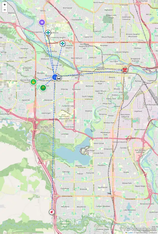 Daily accessibility map for 1415 37 ST SW, Calgary showing nearby schools, grocery stores, parks, LRT stations and nearby amenities