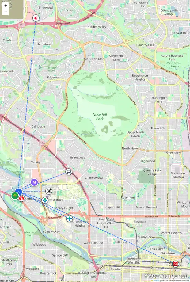 Daily accessibility map for 5223 18 AV NW, Calgary showing nearby schools, grocery stores, parks, LRT stations and nearby amenities