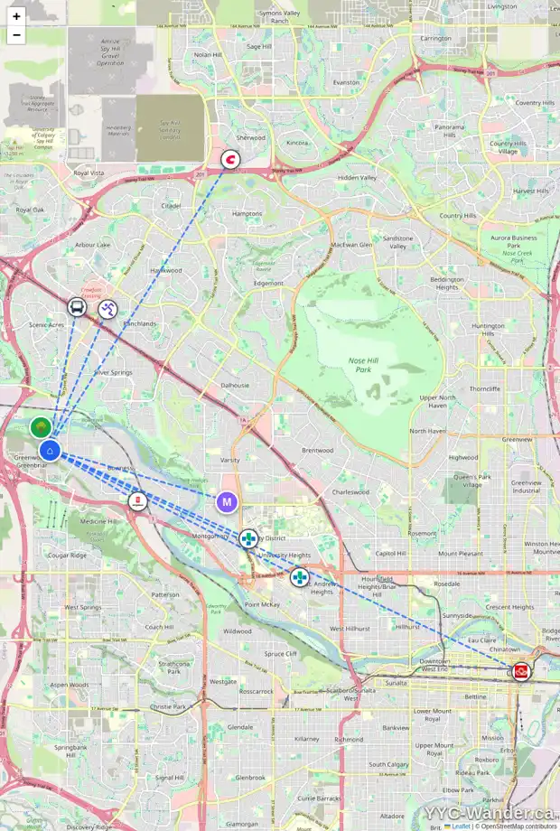 Daily accessibility map for 8834 33 AV NW, Calgary showing nearby schools, grocery stores, parks, LRT stations and nearby amenities