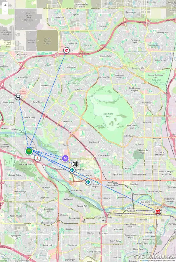Daily accessibility map for 7548 39 AV NW, Calgary showing nearby schools, grocery stores, parks, LRT stations and nearby amenities