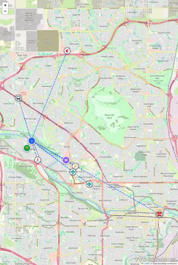 Daily accessibility map for 7315 BOW CR NW, Calgary showing nearby schools, grocery stores, parks, LRT stations and nearby amenities