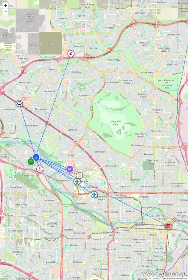 Daily accessibility map for 4303 70 ST NW, Calgary showing nearby schools, grocery stores, parks, LRT stations and nearby amenities