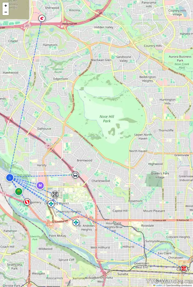 Daily accessibility map for 6319 BOW CR NW, Calgary showing nearby schools, grocery stores, parks, LRT stations and nearby amenities