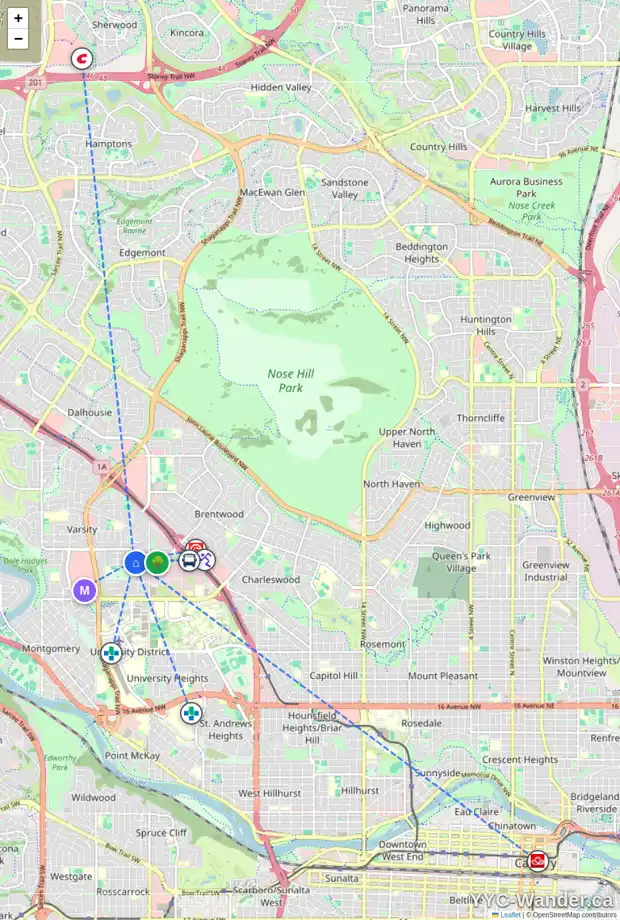 Daily accessibility map for 22 VARCOVE PL NW, Calgary showing nearby schools, grocery stores, parks, LRT stations and nearby amenities