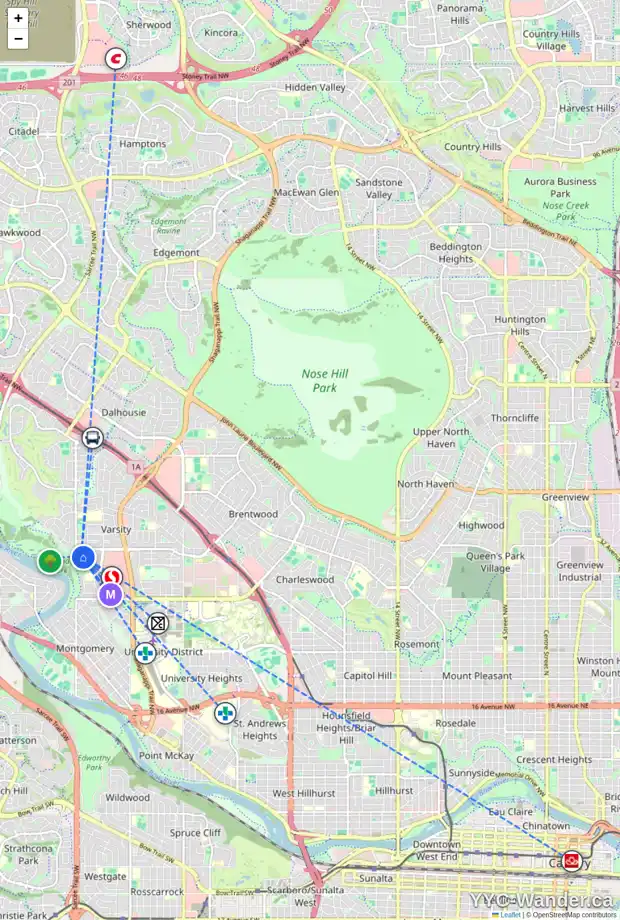 Daily accessibility map for 22 VARCOURT PL NW, Calgary showing nearby schools, grocery stores, parks, LRT stations and nearby amenities