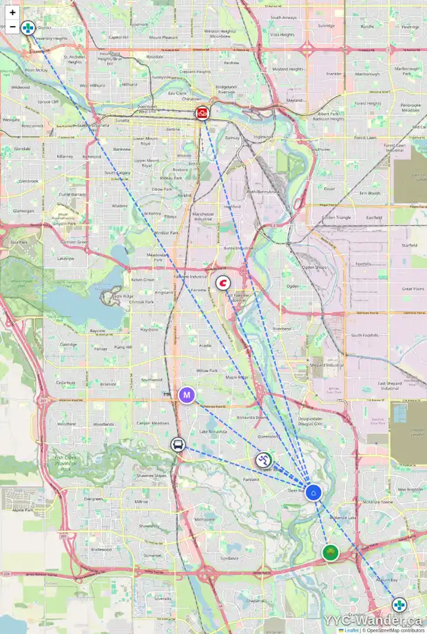 Daily accessibility map for 14788 DEER RUN DR SE, Calgary showing nearby schools, grocery stores, parks, LRT stations and nearby amenities
