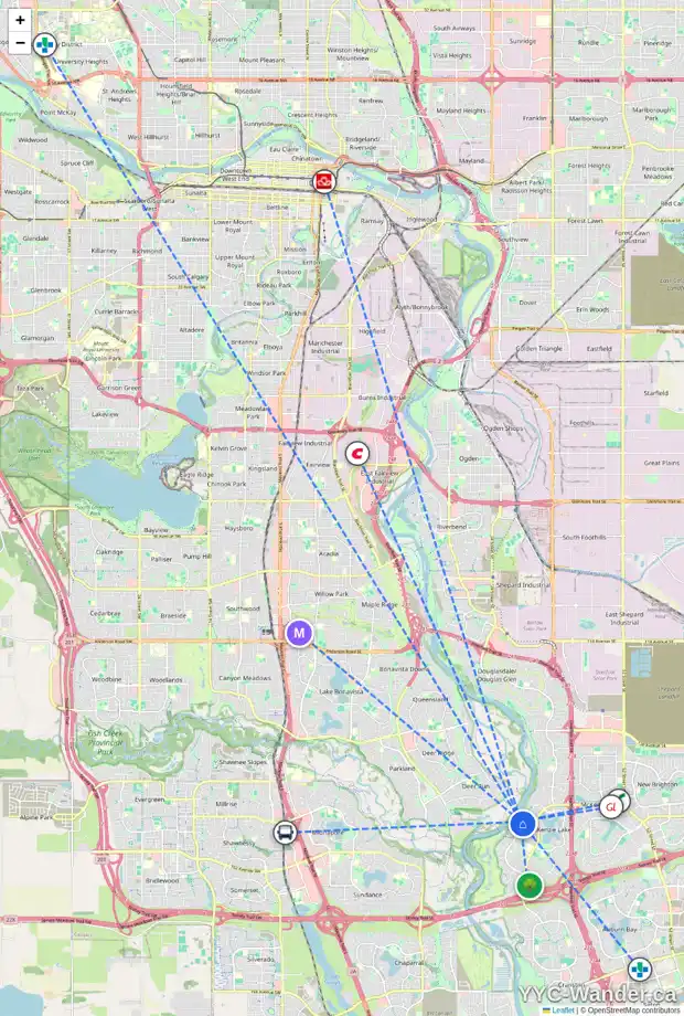 Daily accessibility map for 235 MT VICTORIA PL SE, Calgary showing nearby schools, grocery stores, parks, LRT stations and nearby amenities