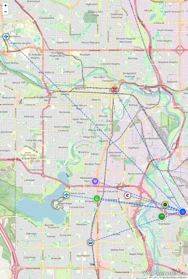 Daily accessibility map for 8012 25 ST SE, Calgary showing nearby schools, grocery stores, parks, LRT stations and nearby amenities