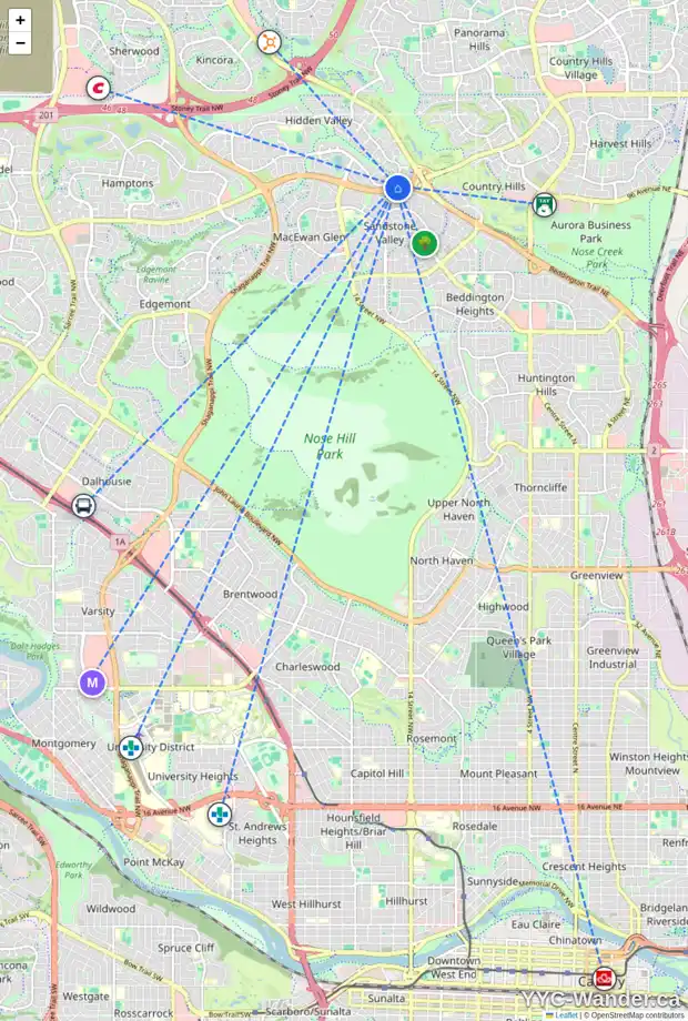 Daily accessibility map for 614 HIDDEN VALE PL NW, Calgary showing nearby schools, grocery stores, parks, LRT stations and nearby amenities
