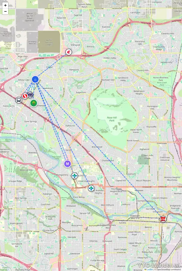 Daily accessibility map for 32 ARBOUR GLEN CL NW, Calgary showing nearby schools, grocery stores, parks, LRT stations and nearby amenities