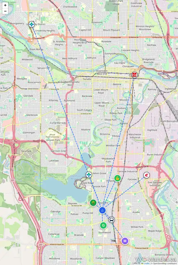 Daily accessibility map for 133 HANOVER RD SW, Calgary showing nearby schools, grocery stores, parks, LRT stations and nearby amenities