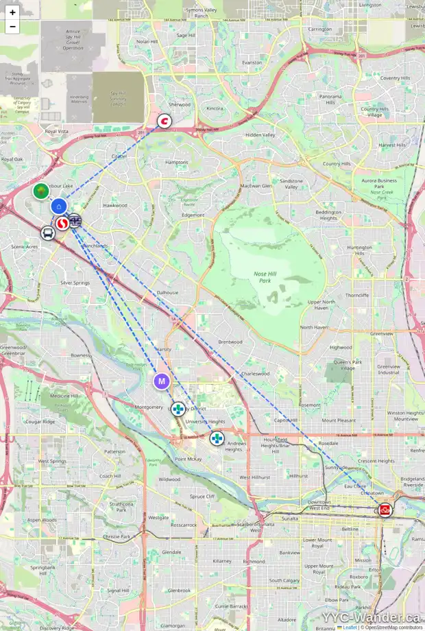 Daily accessibility map for 52 ARBOUR WOOD PL NW, Calgary showing nearby schools, grocery stores, parks, LRT stations and nearby amenities