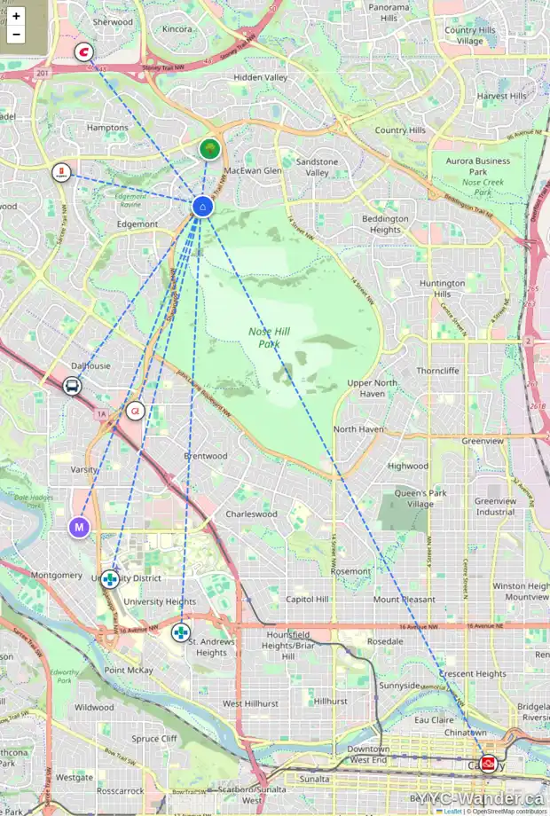 Daily accessibility map for 28 EDGEBROOK PT NW, Calgary showing nearby schools, grocery stores, parks, LRT stations and nearby amenities
