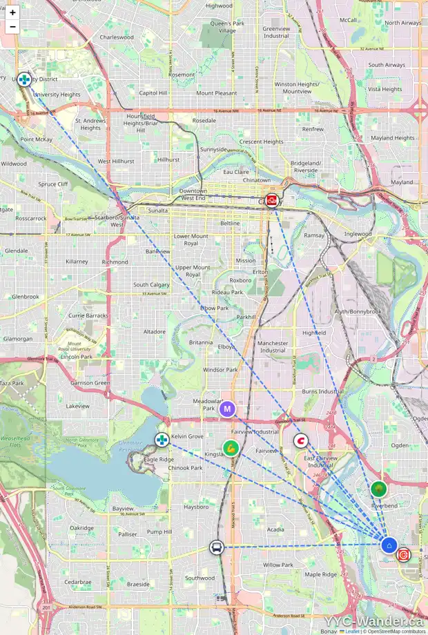 Daily accessibility map for 921 RIVERVIEW PL SE, Calgary showing nearby schools, grocery stores, parks, LRT stations and nearby amenities