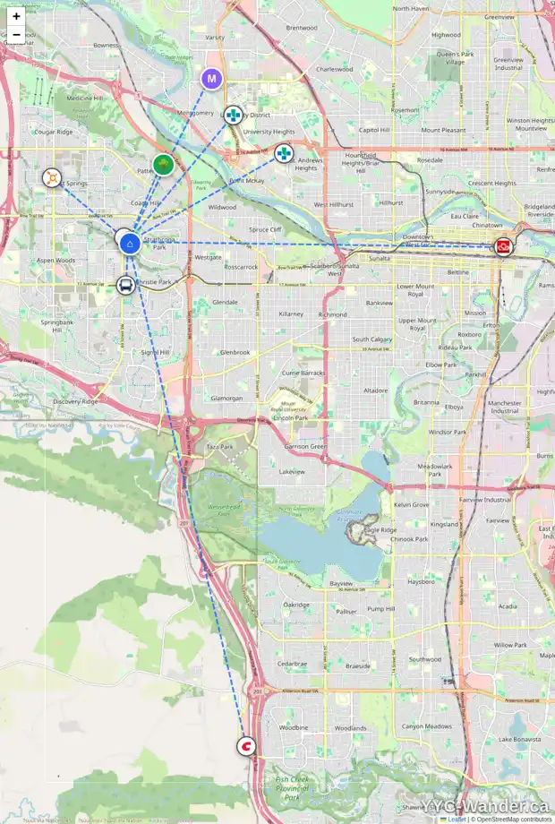 Daily accessibility map for 92 STRATHAVEN CI SW, Calgary showing nearby schools, grocery stores, parks, LRT stations and nearby amenities