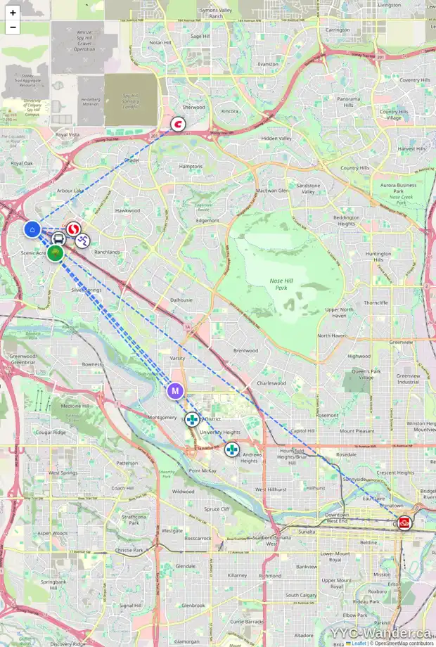 Daily accessibility map for 238 SCENIC VIEW BA NW, Calgary showing nearby schools, grocery stores, parks, LRT stations and nearby amenities
