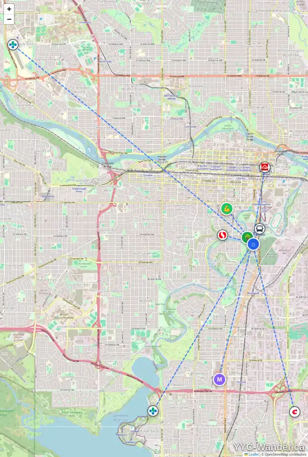 Daily accessibility map for 47 28 AV SW, Calgary showing nearby schools, grocery stores, parks, LRT stations and nearby amenities