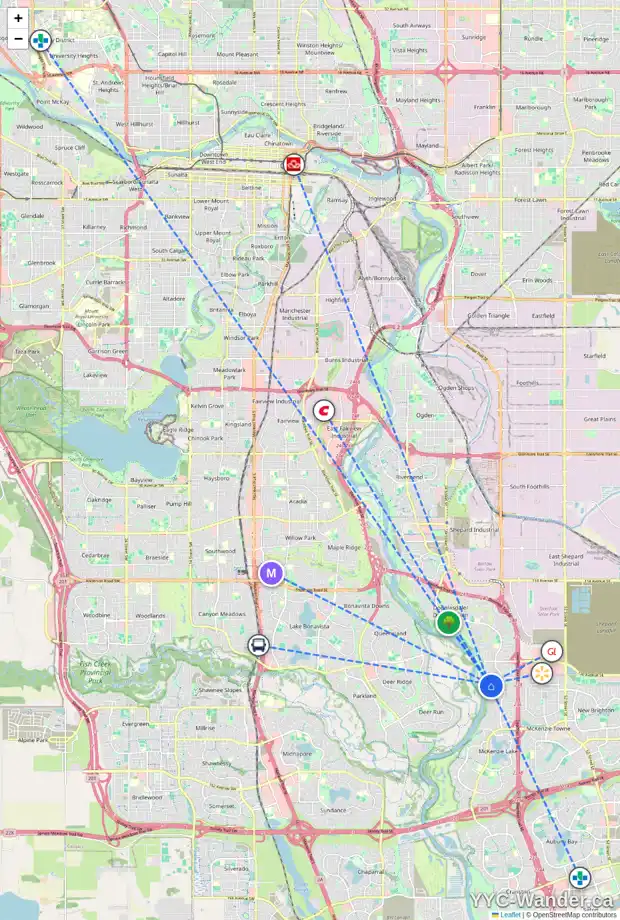 Daily accessibility map for 105 MT DOUGLAS CI SE, Calgary showing nearby schools, grocery stores, parks, LRT stations and nearby amenities