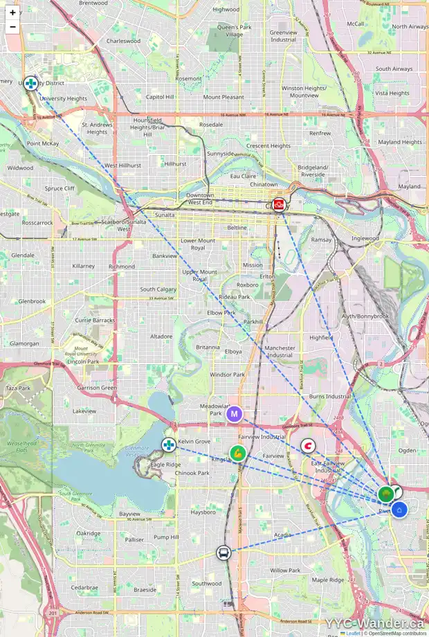 Daily accessibility map for 64 RIVERGLEN WY SE, Calgary showing nearby schools, grocery stores, parks, LRT stations and nearby amenities