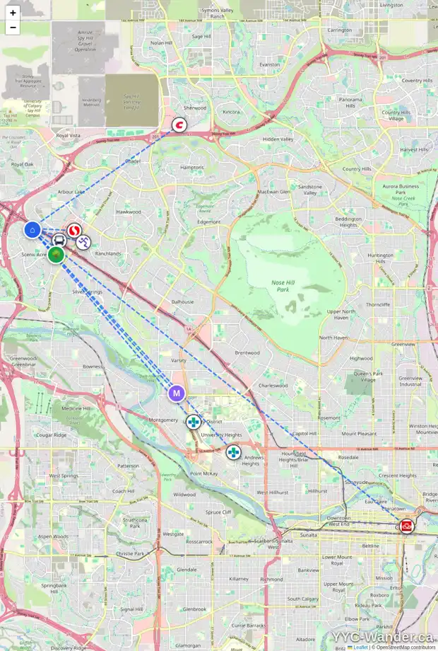 Daily accessibility map for 303 SCENIC VIEW BA NW, Calgary showing nearby schools, grocery stores, parks, LRT stations and nearby amenities