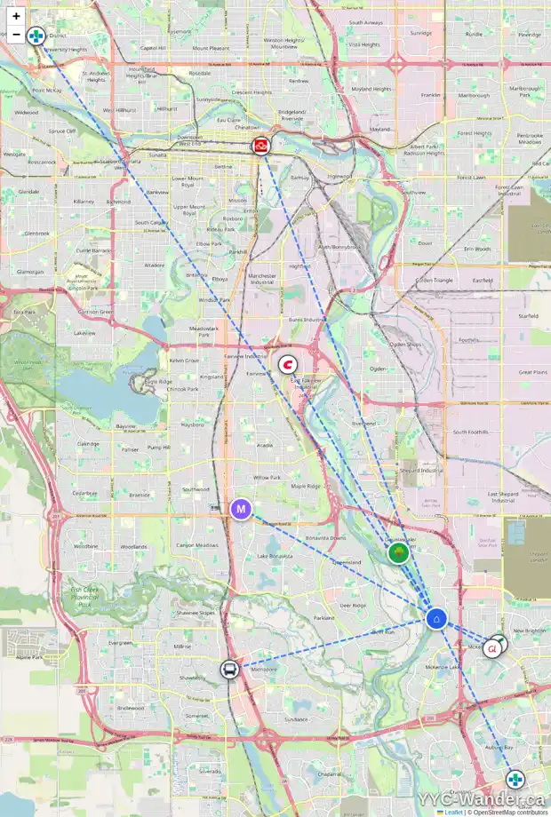 Daily accessibility map for 188 MT DOUGLAS CL SE, Calgary showing nearby schools, grocery stores, parks, LRT stations and nearby amenities