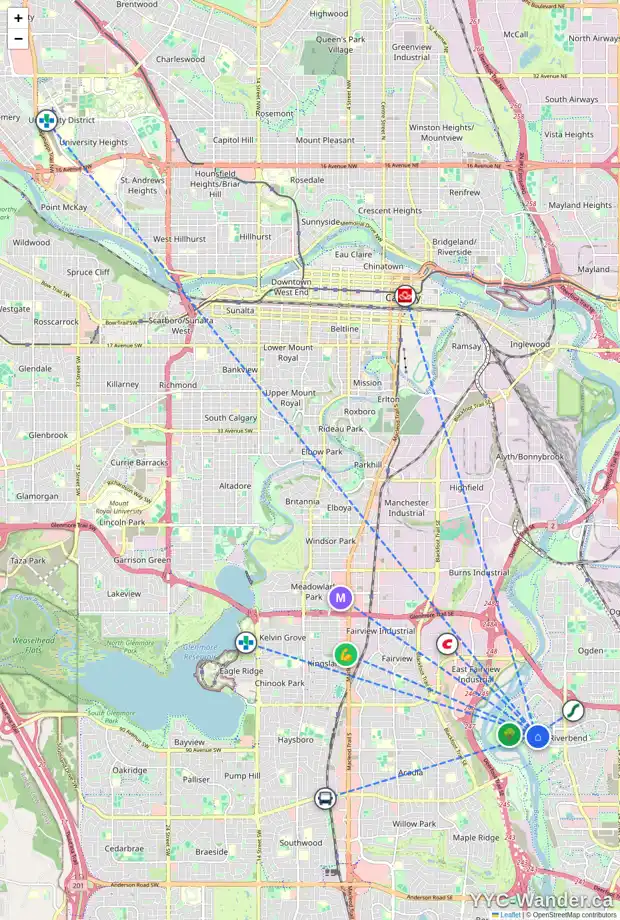 Daily accessibility map for 41 RIVERVIEW BA SE, Calgary showing nearby schools, grocery stores, parks, LRT stations and nearby amenities