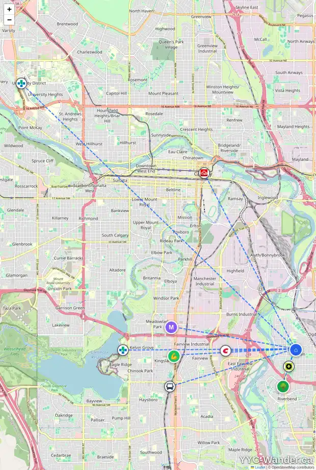 Daily accessibility map for 7024 20 ST SE, Calgary showing nearby schools, grocery stores, parks, LRT stations and nearby amenities