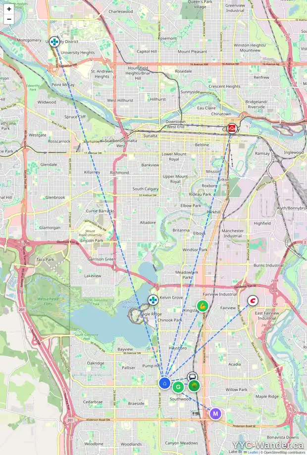 Daily accessibility map for 46 SPOKANE ST SW, Calgary showing nearby schools, grocery stores, parks, LRT stations and nearby amenities