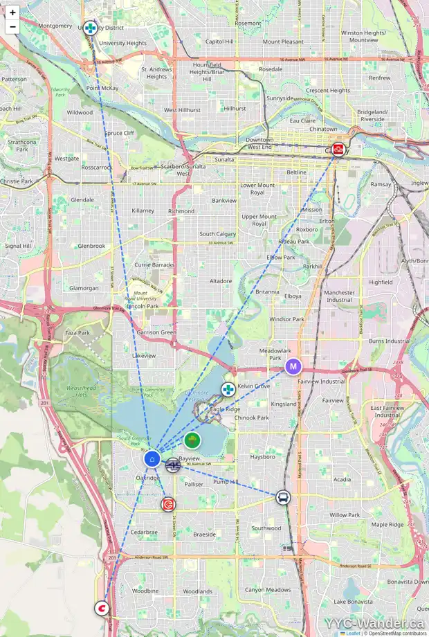 Daily accessibility map for 111 OAKSIDE GA SW, Calgary showing nearby schools, grocery stores, parks, LRT stations and nearby amenities